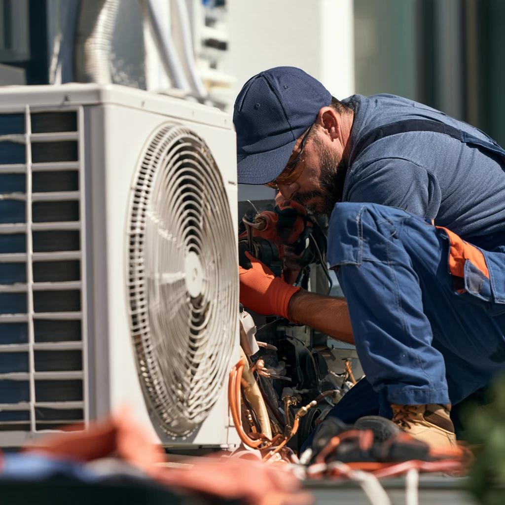 Technician servicing the open components of an outdoor air conditioning unit