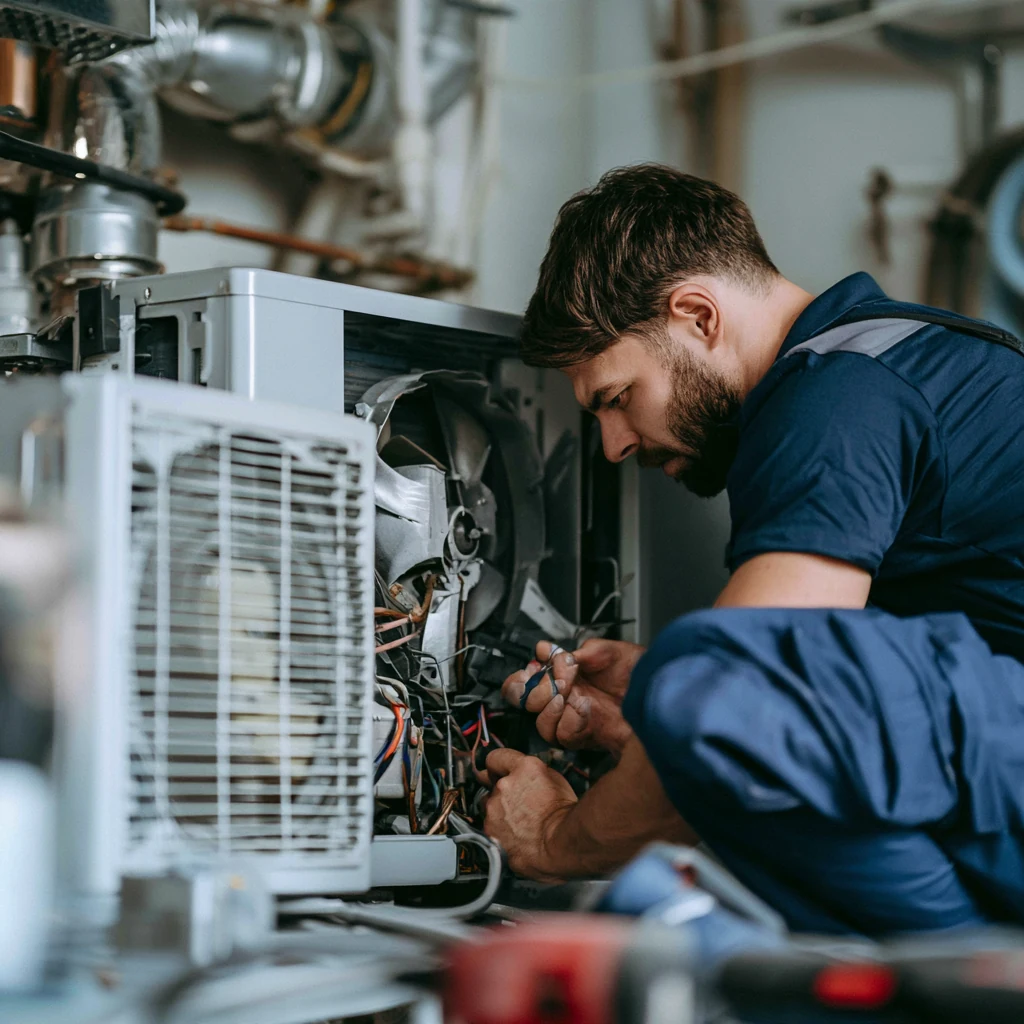 Technician inspecting wiring and components inside an HVAC cabinet