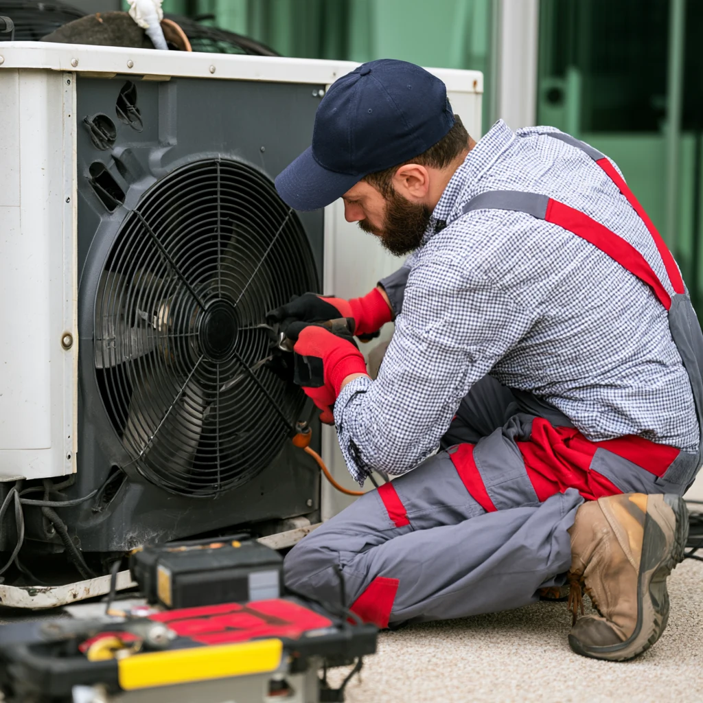 Technician working on the fan assembly of an outdoor HVAC unit