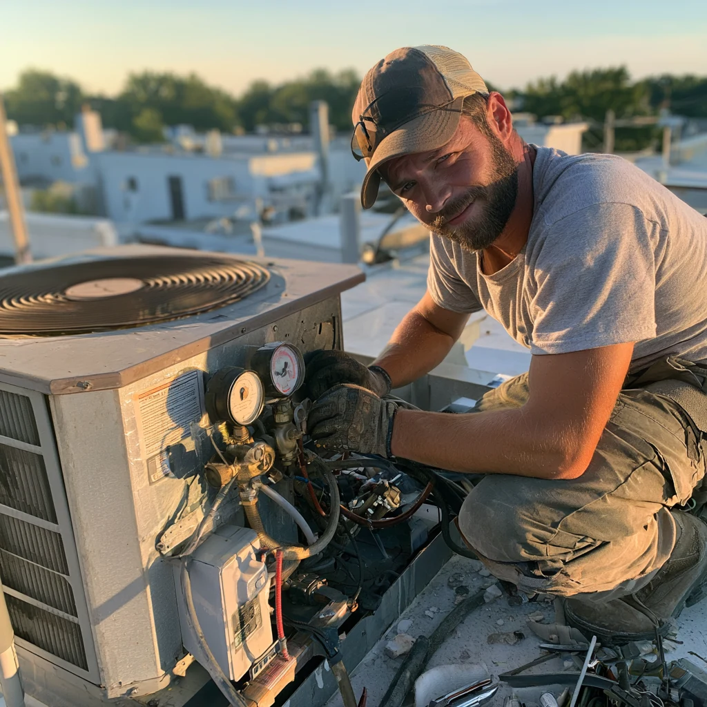 Technician checking pressure gauges on a rooftop air conditioning unit