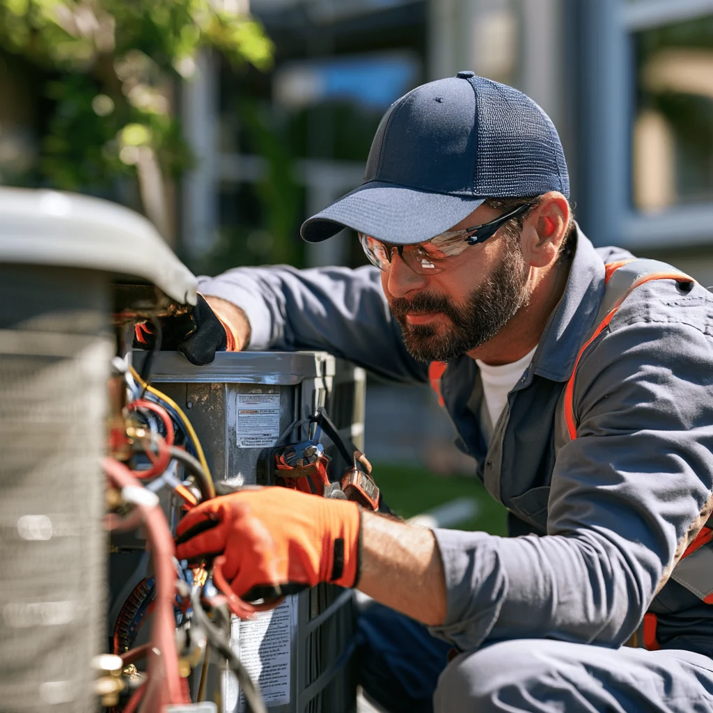 Technician wearing safety glasses and orange gloves while servicing an outdoor unit