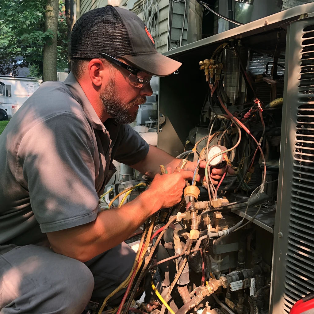 Technician inspecting internal valves and gauges in an open cooling system