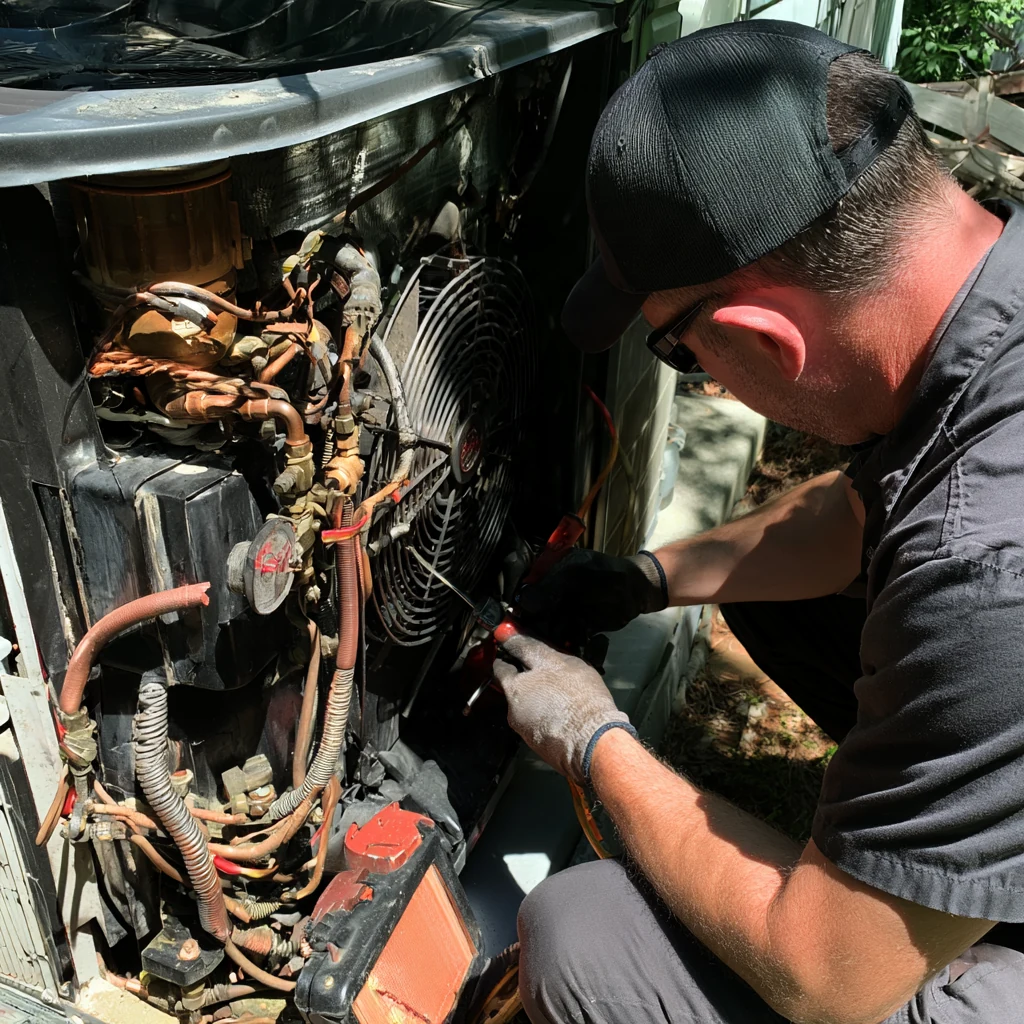 Technician repairing exposed components inside an outdoor HVAC unit
