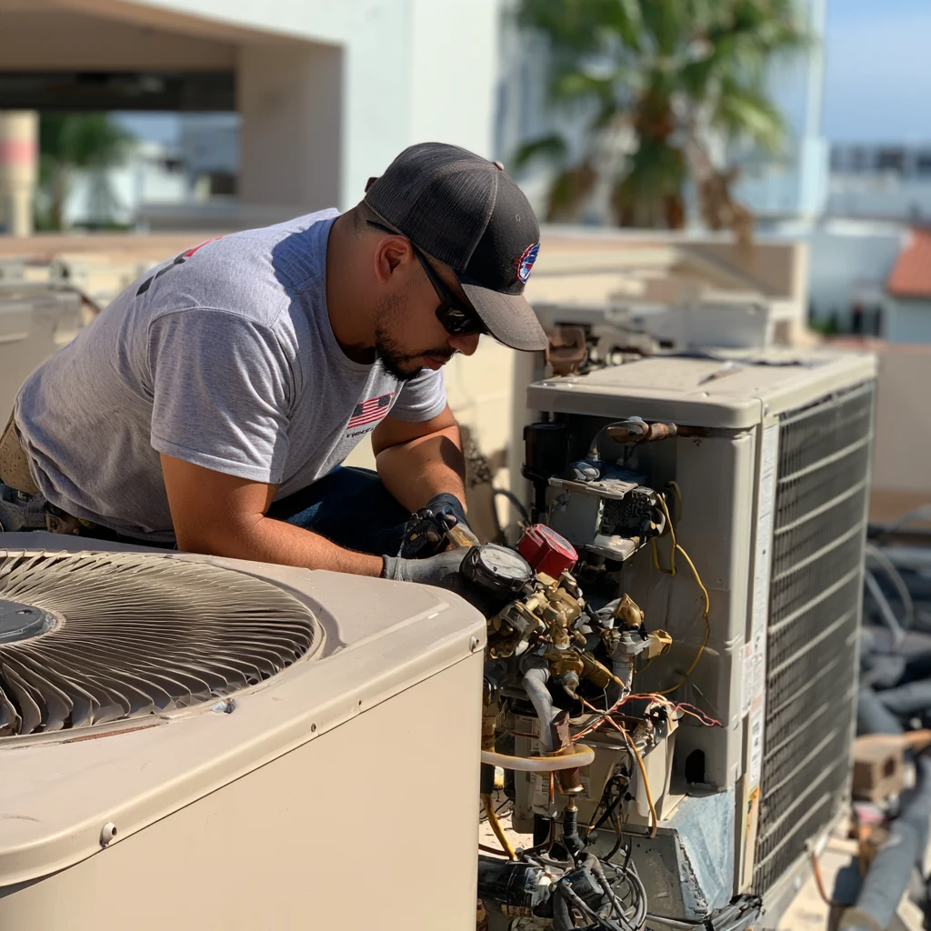 Technician working with gauges between two outdoor air conditioning units